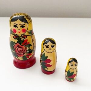 Vintage Russian Nesting Dolls 3 Pieces Hand Painted Red Stacking Collectible
